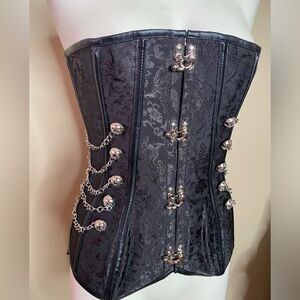 Brocade black leather trim silver detail bustier corset / thong set M New!